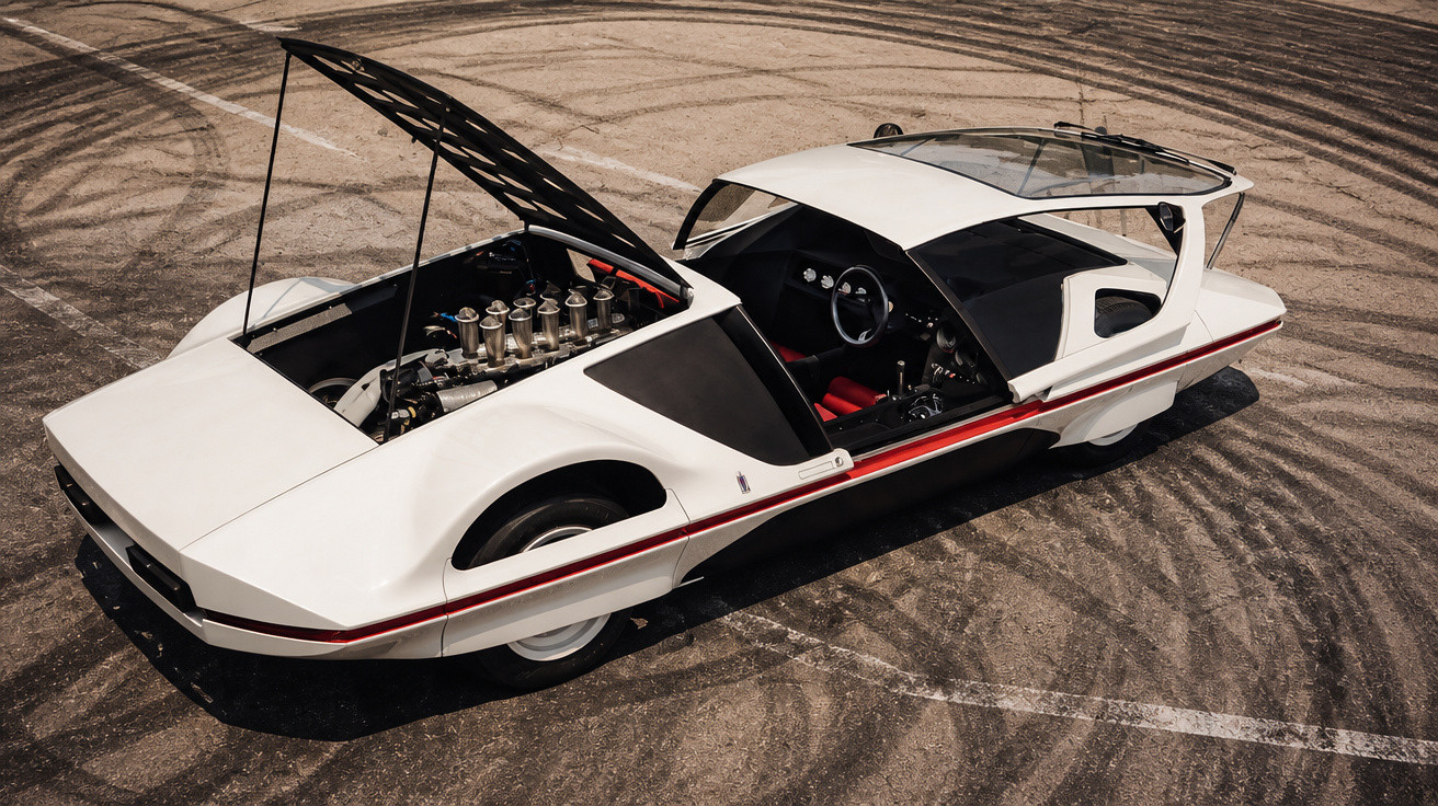 Weißes futuristisches Sportauto mit offenem Motorraum und Kippdach auf Fahrbahn mit Reifenspuren.