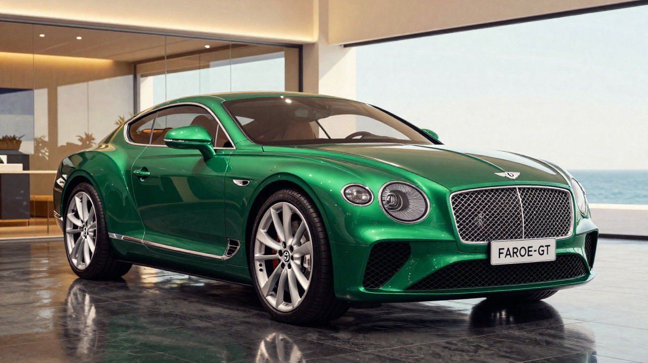 Grüner Bentley Faroe-GT Sportwagen in moderner, heller Garage mit Meerblick im Hintergrund.