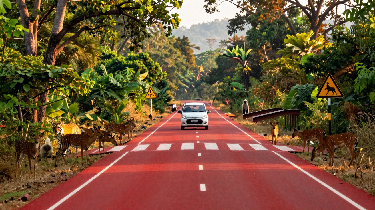 Rotes Asphaltstraße durch dichten Wald mit Wildtieren und Auto in der Mitte, Vogel- und Tierwarnschilder.
