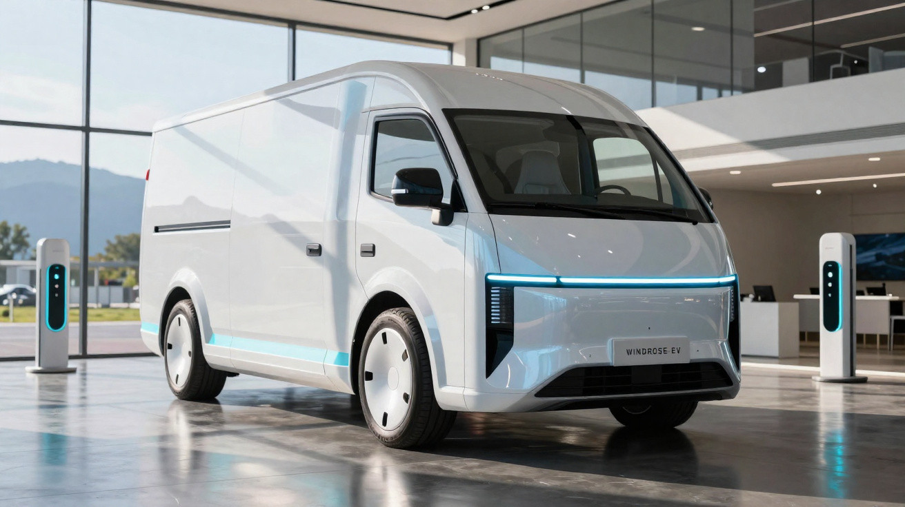 Weißer moderner Elektro-Transporter in hellem Showroom mit LED-Beleuchtung und Ladeanschlüssen.