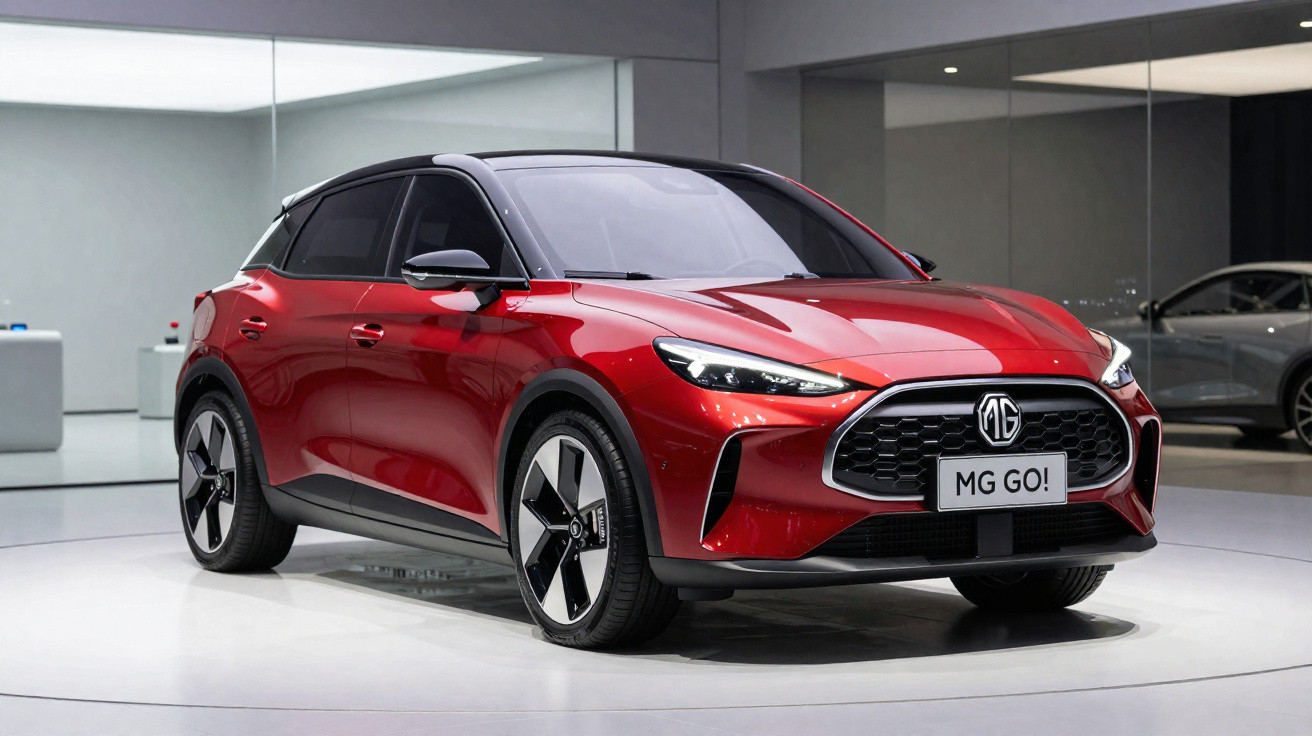 Roter MG GO! Elektro-SUV in moderner Ausstellungshalle mit schwarzem Dach und markantem Design.