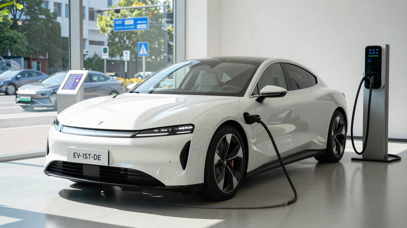 Weißes Elektroauto steht an Ladestation in hellem, modernem Showroom und lädt Akku auf.
