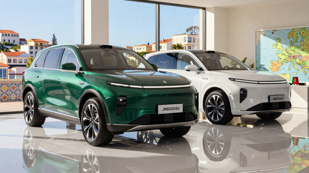 Zwei moderne Elektro-SUVs, grün und weiß, stehen in einem hellen Raum mit großen Fenstern und Stadtblick.