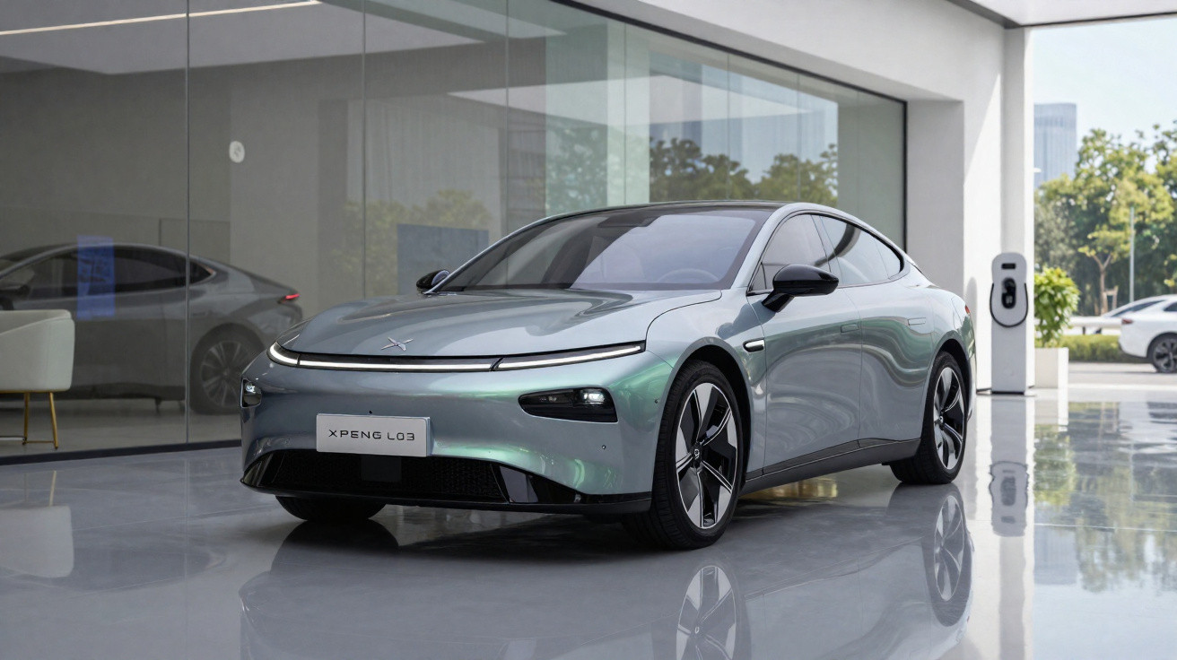 Silberglänzendes Elektroauto XPeng L03 in modernem Showroom mit Glaswänden und Ladestation im Hintergrund.