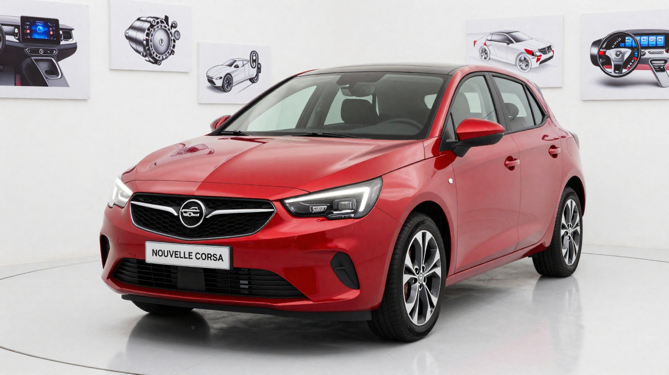 Roter Opel Corsa, Frontansicht, in einem weißen Ausstellungsraum mit Autodesignbildern an der Wand.