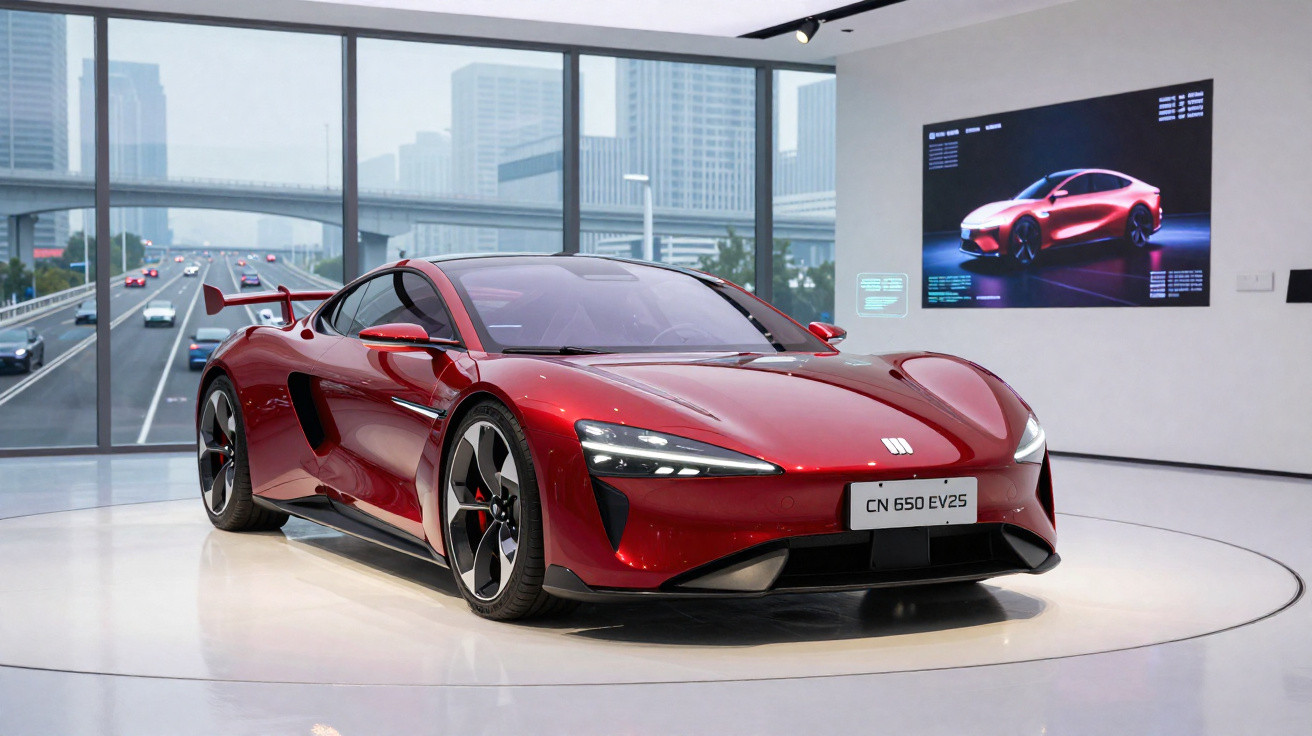 Roter Sportwagen CN 650 EV25 in modernem Ausstellungsraum mit großer Fensterfront und Stadtblick.