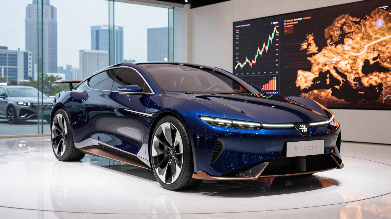 Blauer Faraday Future STLA 2021 Elektro-Sportwagen im Showroom mit Stadtpanorama und Bildschirmen im Hintergrund