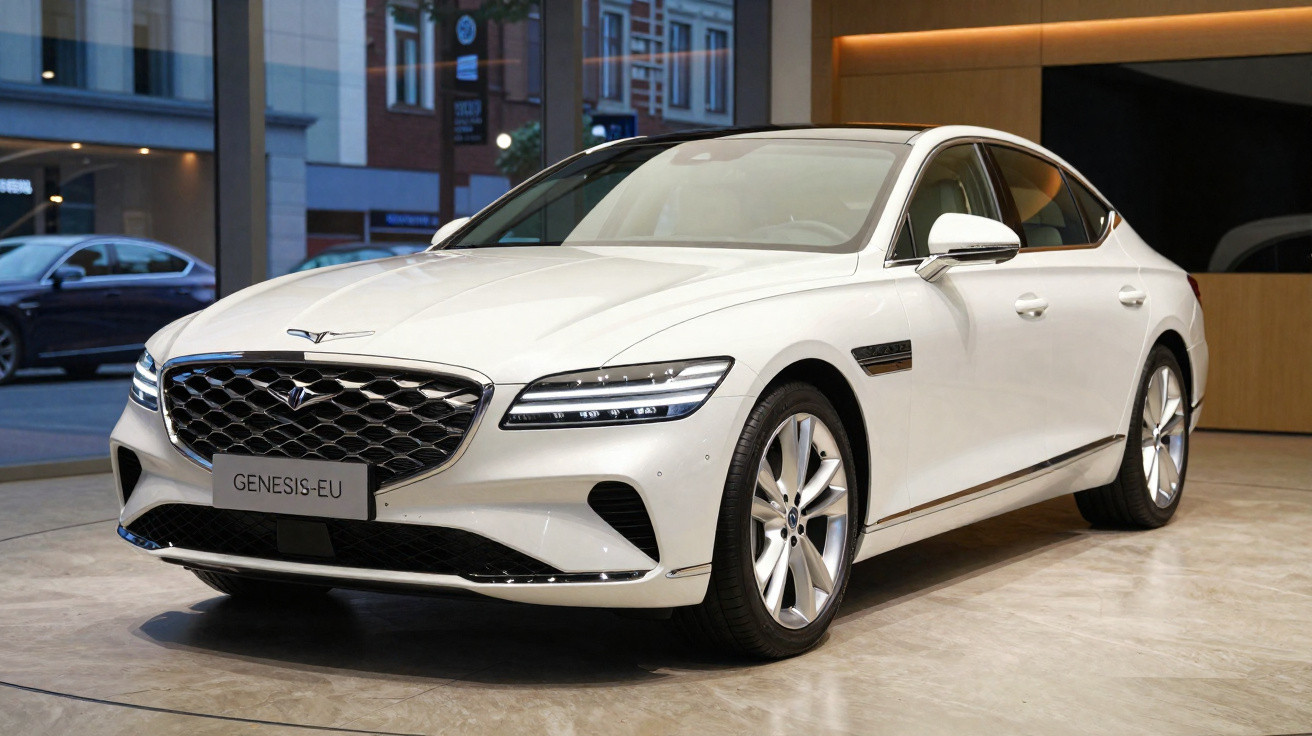 Weißer Genesis-EU Luxuswagen geparkt in modernem Showroom mit großem Fenster und Stadtblick.