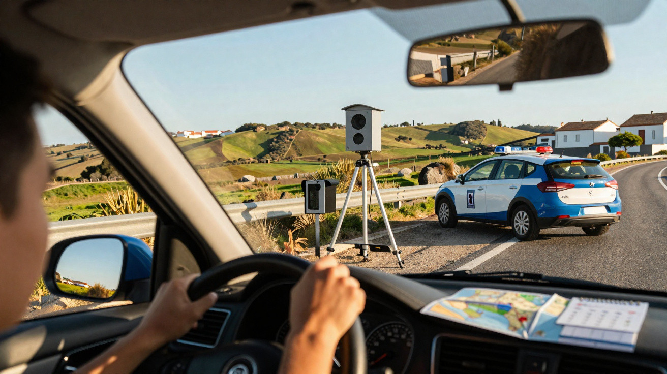 Blick aus Auto auf fahrende Person, Polizei-Kontrollfahrzeug und Blitzer an Landstraße bei sonnigem Wetter.