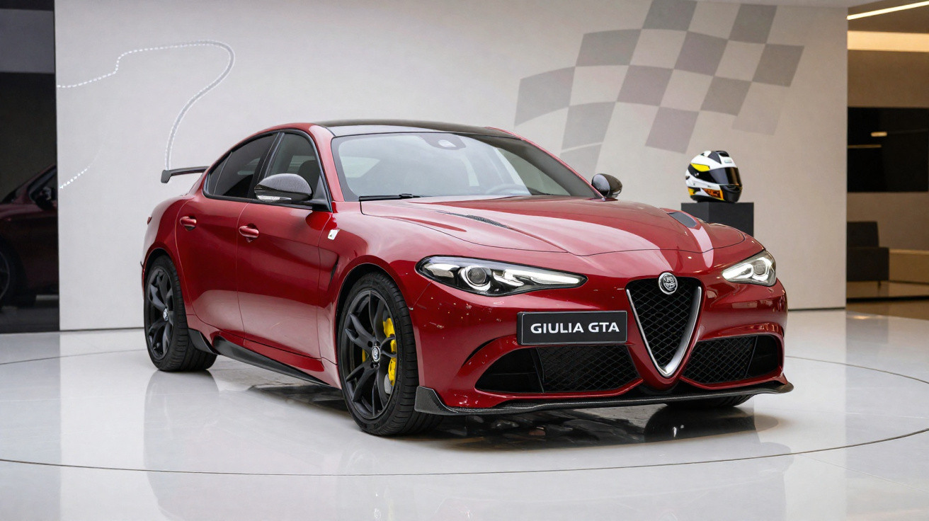 Roter Alfa Romeo Giulia GTA Sportwagen in modernem Showroom mit Helm auf Podest im Hintergrund.