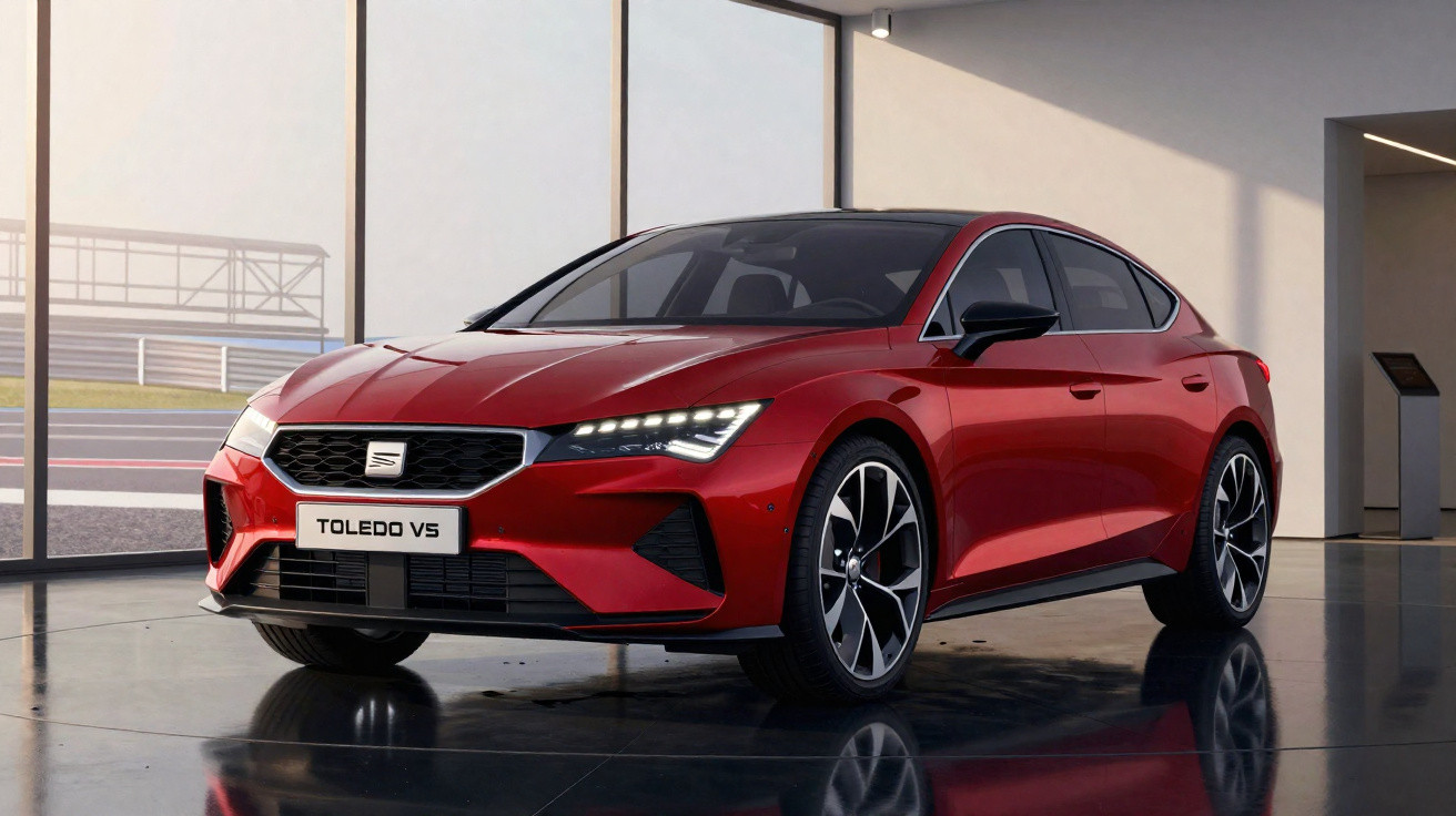 Roter Seat Toledo V5 Sportwagen in moderner Ausstellungshalle mit großer Glasfront bei Tageslicht.