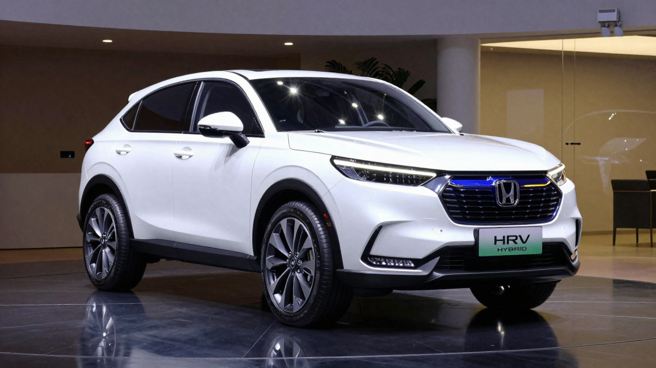 Weißer Honda HR-V Hybrid SUV, frontal seitlich aufgenommen, in einer modernen Ausstellungshalle.