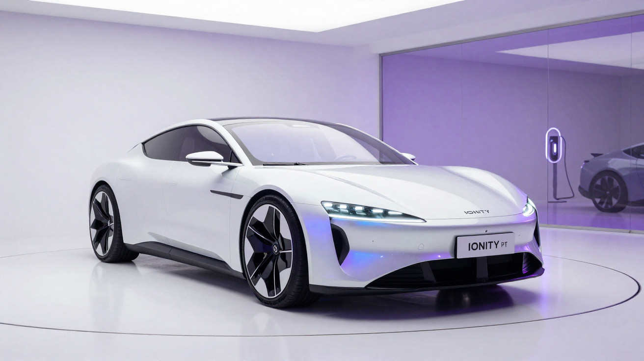 Weißes Elektroauto Ionity PT auf drehbarer Plattform in modernem Raum mit violettem Akzent und Ladestation im Hintergrund.