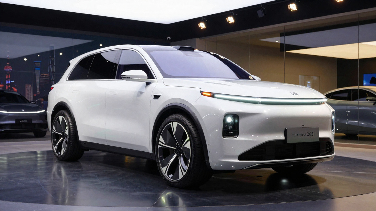 Weißes, futuristisches Elektro-SUV in Ausstellungshalle mit moderner LED-Beleuchtung und Skyline im Hintergrund.