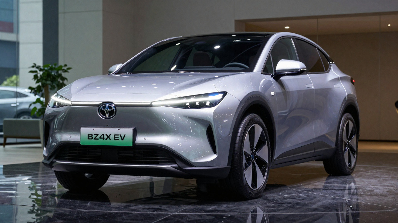 Silberner Toyota BZ4X Elektro-SUV in moderner Ausstellungshalle, Front- und Seitenansicht.
