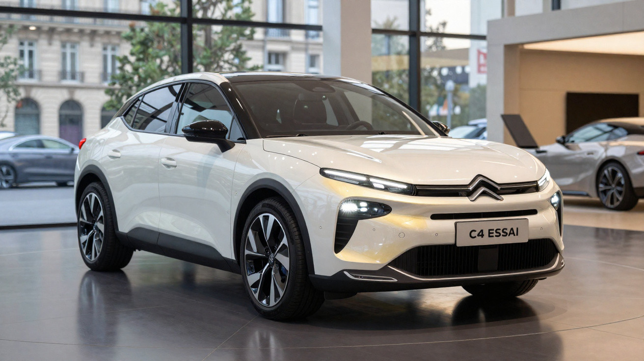 Weißer Citroën C4 ESSAI SUV im modernen Autohaus mit großer Glasfassade im Hintergrund.