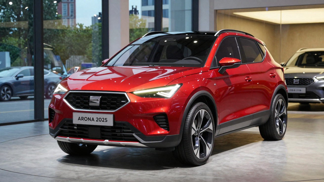 Roter Seat Arona 2025 SUV mit LED-Scheinwerfern in einem modernen Autohaus bei Tageslicht.
