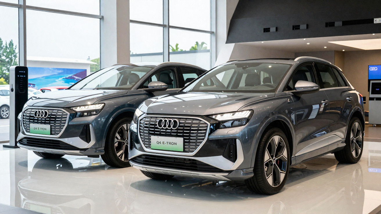 Zwei neue graue Audi Q4 E-Tron Elektroautos stehen in einem modernen Autohaus.
