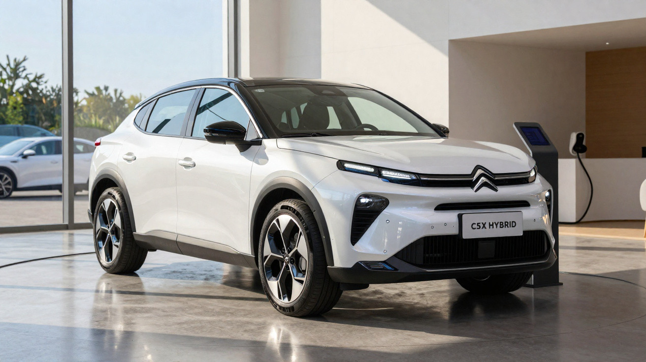 Weißer Citroën C5X Hybrid SUV in modernem Showroom mit großen Fenstern und Ladestation im Hintergrund.