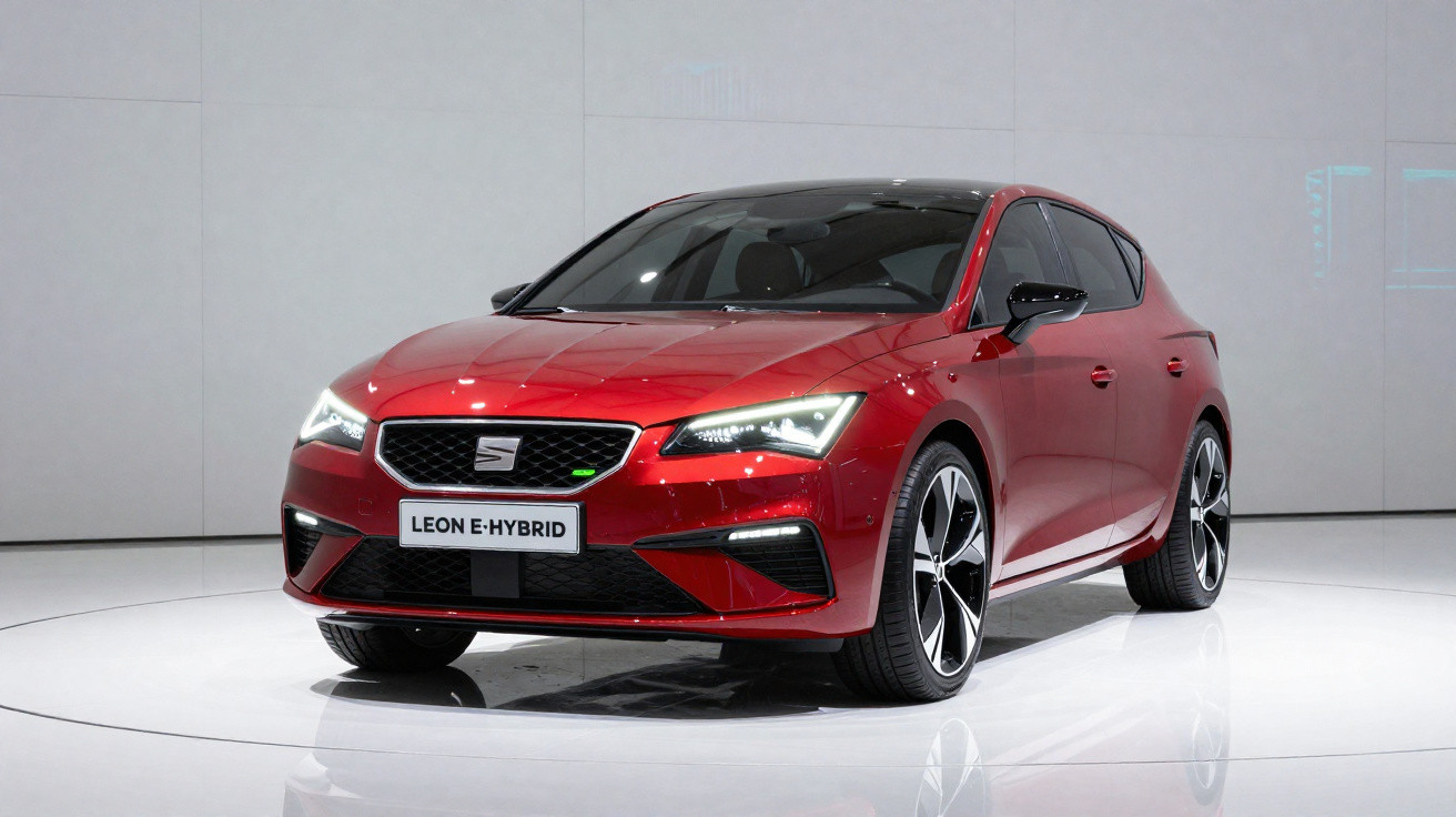 Roter Seat Leon E-Hybrid steht auf weißem Podest vor hellgraßer Wand, Front und rechte Seite sichtbar.