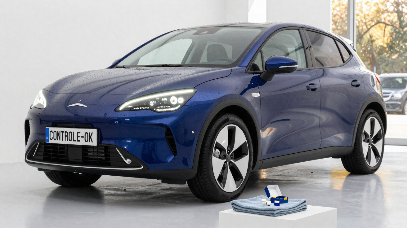 Blauer Elektro-Kompaktwagen in modernem Innenraum mit Nummernschild "CONTROLE-OK" und Sonnenschutzfolie.