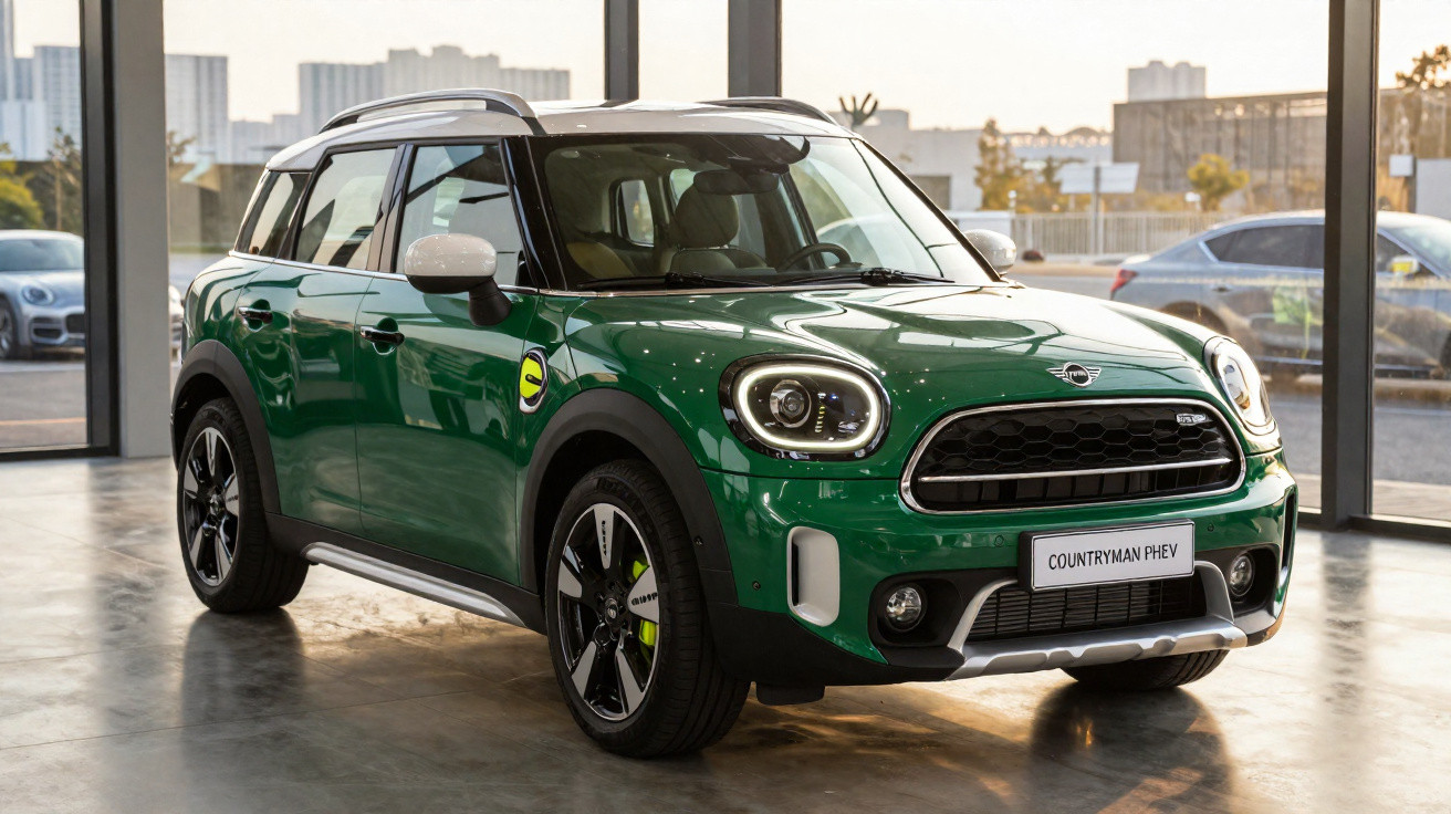 Grüner Mini Countryman PHEV steht in hellem Showroom vor großen Fenstern mit Stadtblick.