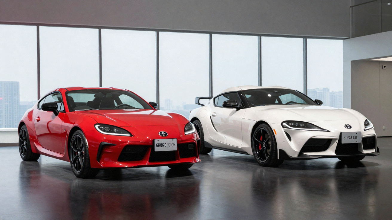 Zwei Toyota Supra Sportwagen, einer rot und einer weiß, stehen nebeneinander in einem modernen Showroom.