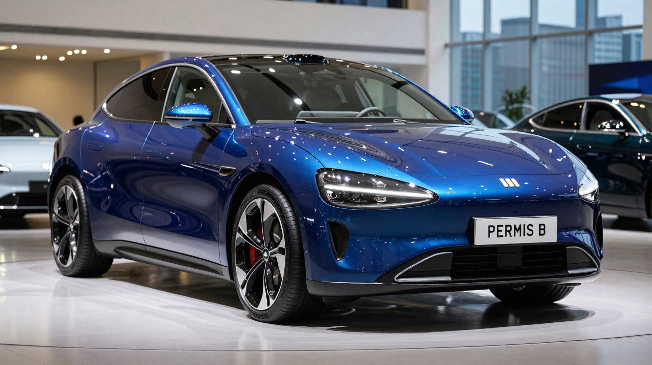 Blauer moderner Elektroauto-Sportwagen auf Ausstellungsfläche in hellem Raum mit großer Fensterfront.