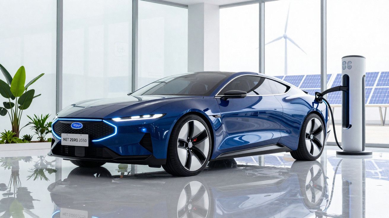 Blaues Elektroauto lädt an Ladestation in modernem Raum mit Pflanzen, Solarpaneelen und Windturbine.