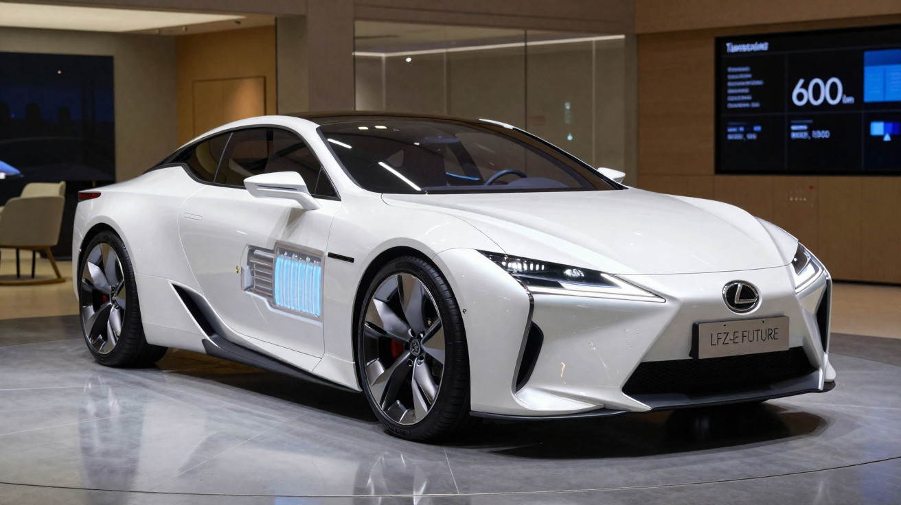 Weißer Lexus LF-Z E-Future Sportwagen im Showroom mit moderner Beleuchtung und digitaler Anzeige im Hintergrund.