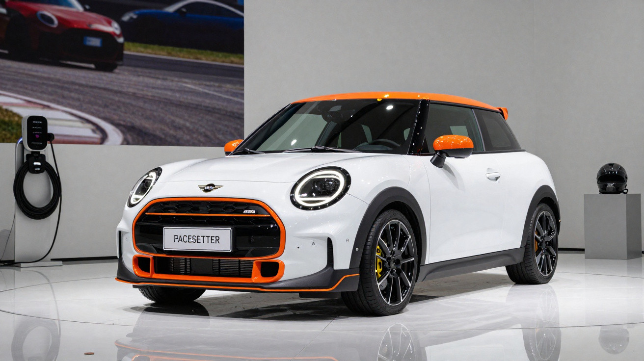 Weißer Mini Cooper mit orangefarbenem Dach und Details auf weißem Präsentationspodium.