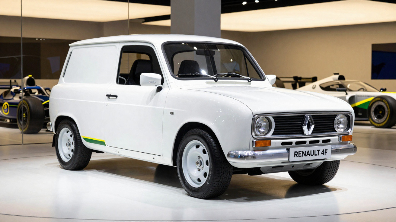 Weißer Renault 4F Lieferwagen aus den 1960er Jahren im Ausstellungsraum mit Rennwagen im Hintergrund.