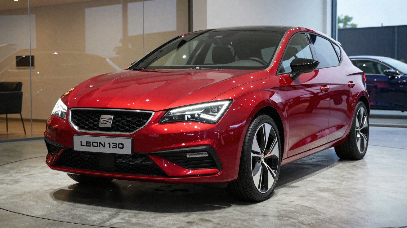 Roter Seat Leon 130 in einem Showroom, frontal mit sichtbaren LED-Scheinwerfern und modernen Felgen.