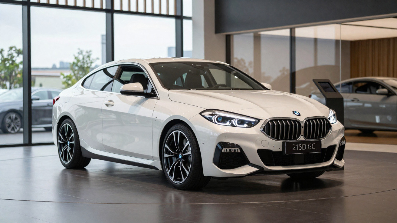 Weißer BMW 216D GC Coupé im Showroom mit großen Fenstern und modernem Interieur.