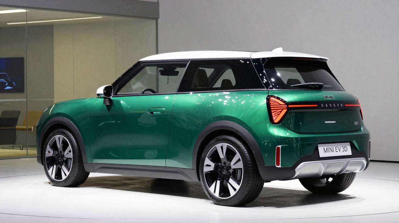 Grünes Kompakt-SUV mit weißem Dach, markanter Rückleuchte und schwarzen Akzenten in moderner Ausstellungshalle.