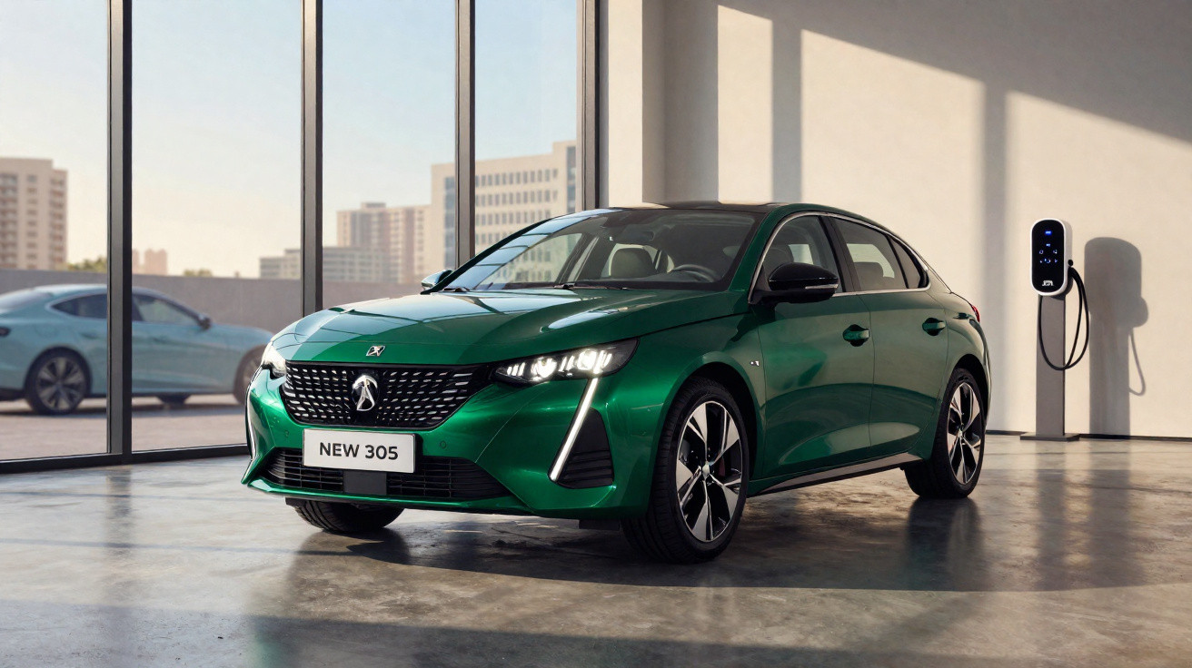 Grüner Peugeot New 305 steht in modernem Raum neben Ladestation für Elektroautos.