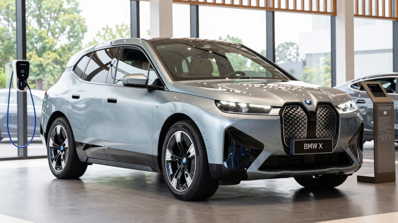 Silberner BMW X Elektroauto in modernem Showroom neben Ladestation stehend.