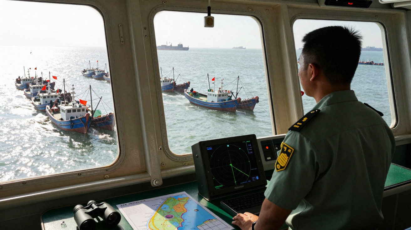 Mann in Uniform beobachtet Flotte von Fischerbooten auf dem Meer von einem Schiff aus mit Radar und Seekarten.