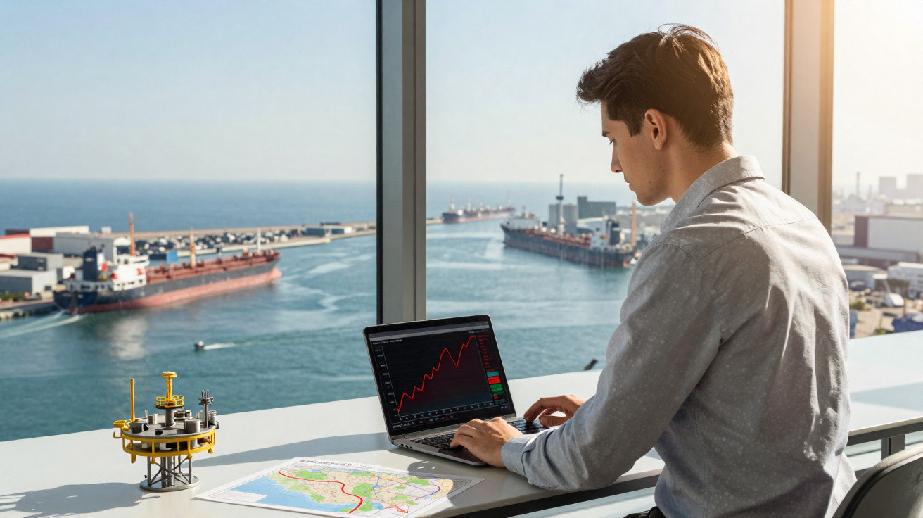 Mann arbeitet an Laptop mit Aktienkursen am Fenster mit Aussicht auf Hafen und Frachtschiffe.