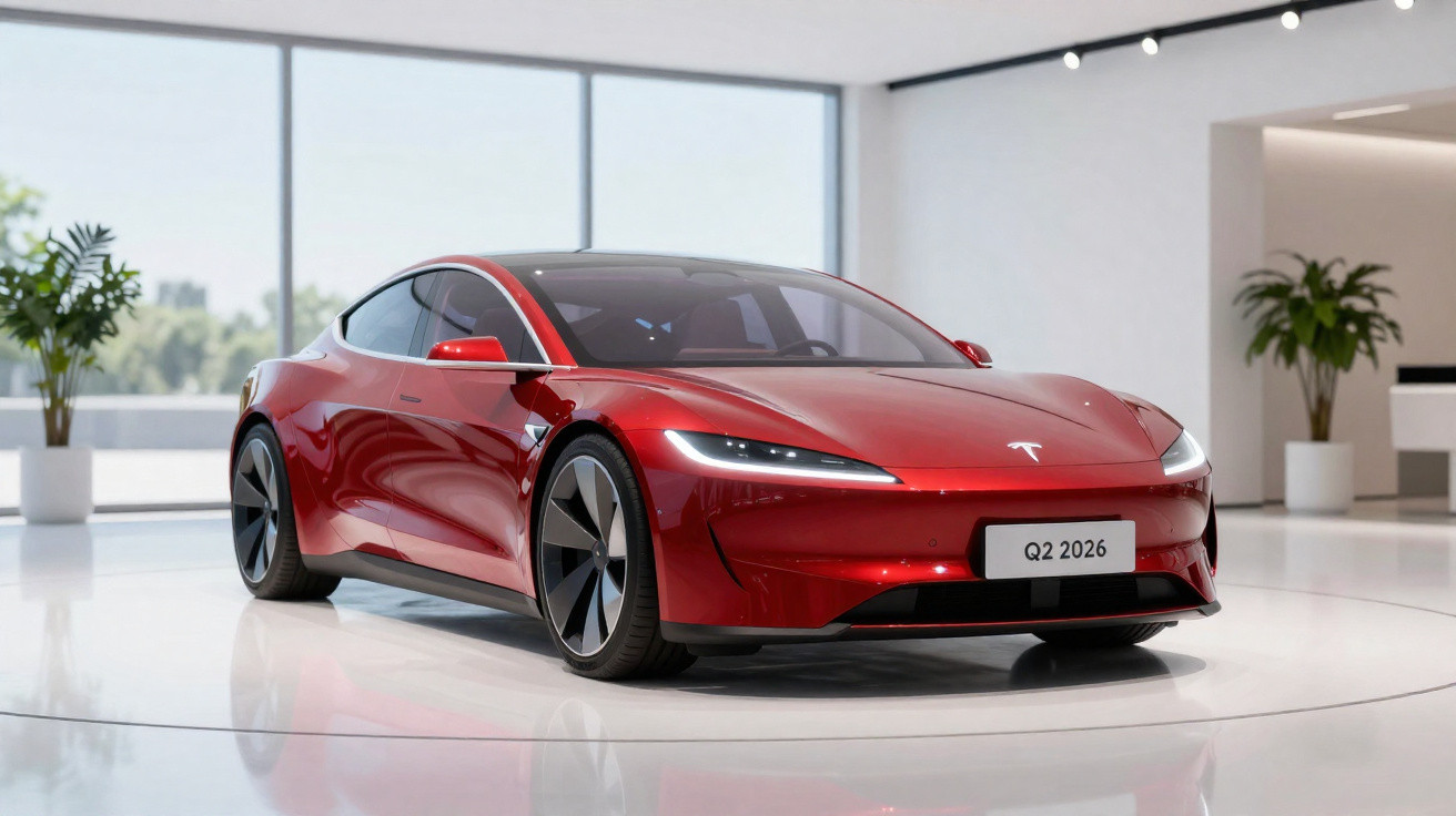 Rotes Tesla Elektroauto SUV Modell 2026, futuristisches Design in hellem Showroom mit Pflanzen und großen Fenstern.