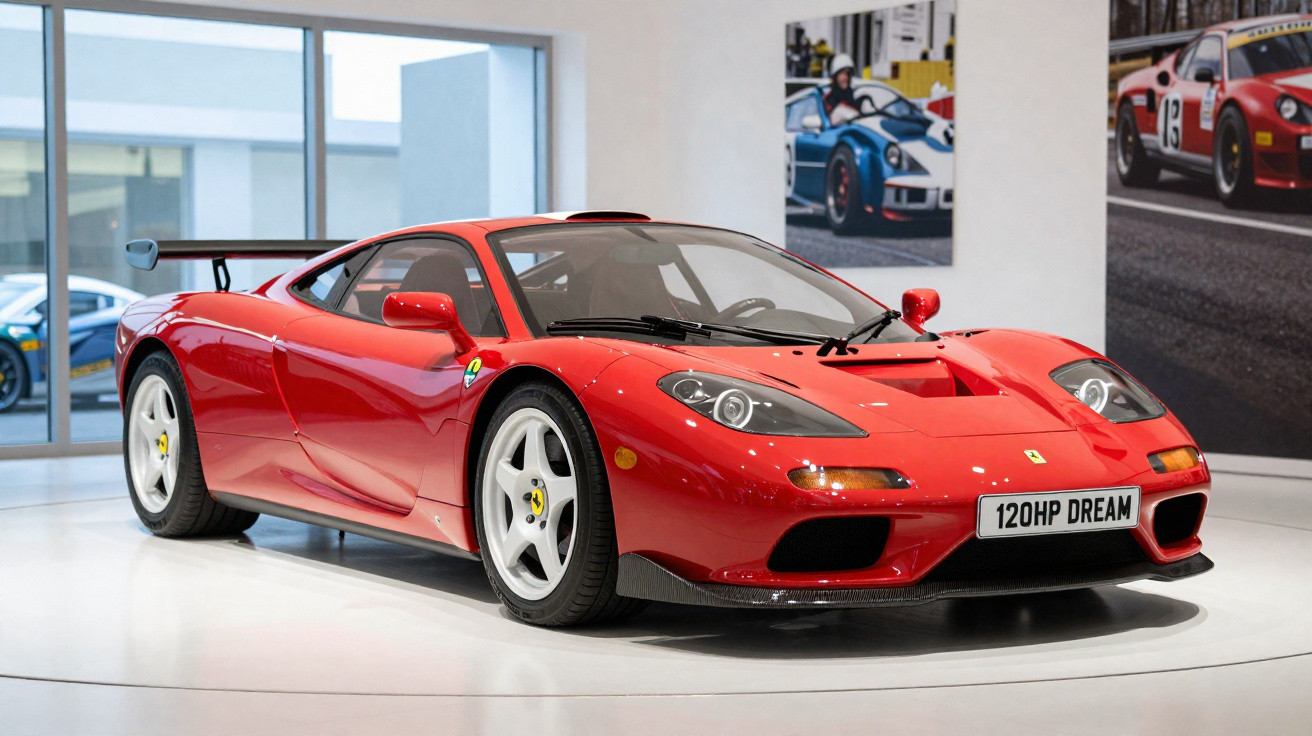 Roter Ferrari-Sportwagen mit drei Speichen-Felgen und Heckspoiler in hellem Ausstellungsraum.