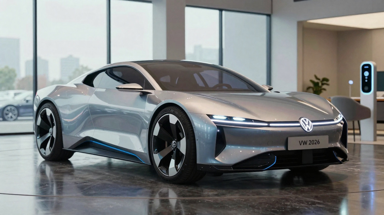 Silberner Volkswagen Elektro-Sportwagen in moderner Ausstellungshalle mit großen Fenstern und Ladestation.