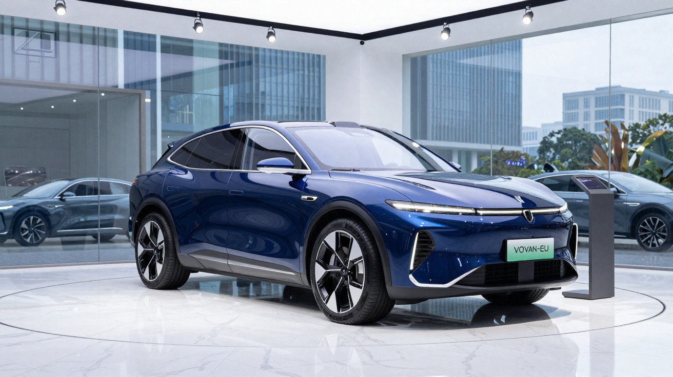 Blauer, moderner Elektro-SUV in einem hellen Showroom mit Glaswänden und reflektierendem Boden.