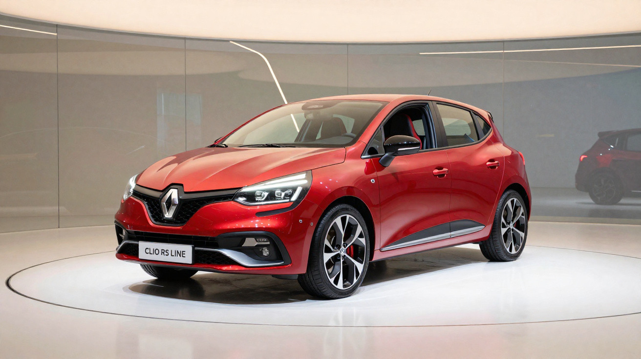 Roter Renault Clio RS Line in einer modernen Ausstellung auf einem runden Podium.