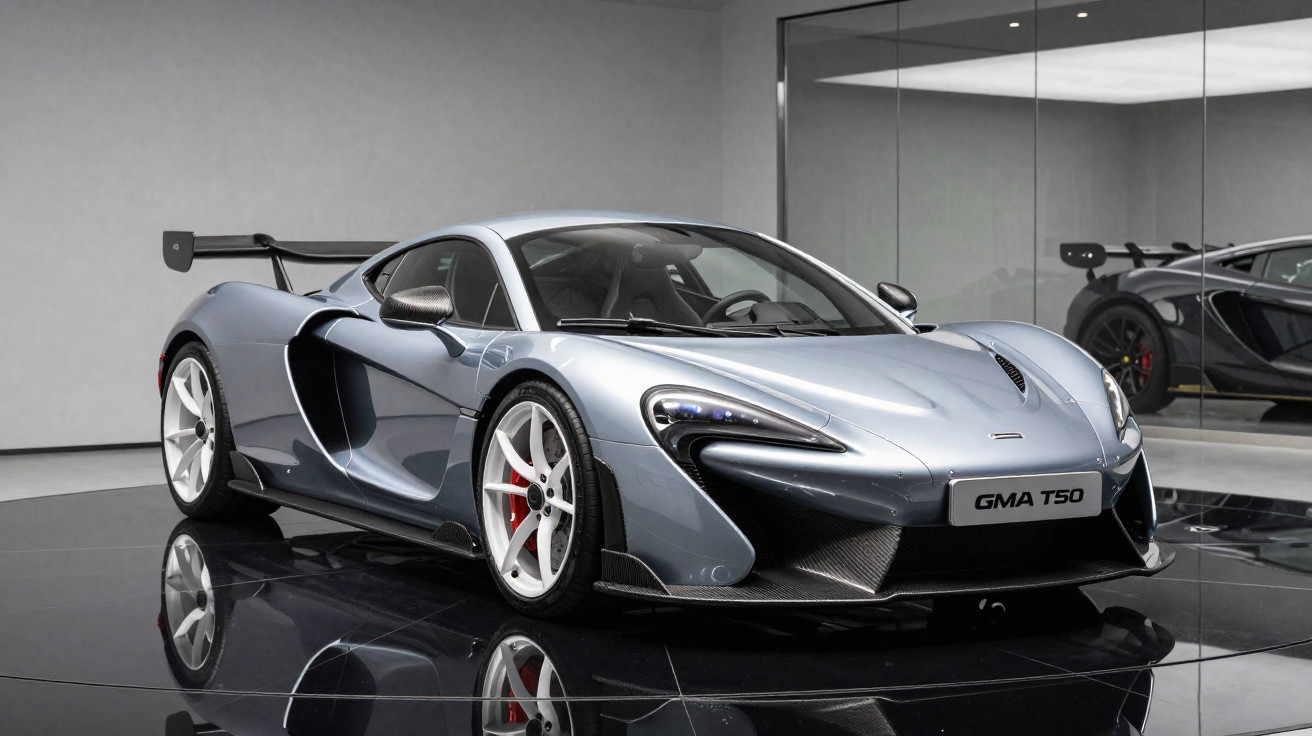 Silberner McLaren GMA T50 Sportwagen in einem modernen Showroom mit reflektierendem Boden vor Spiegelwand.