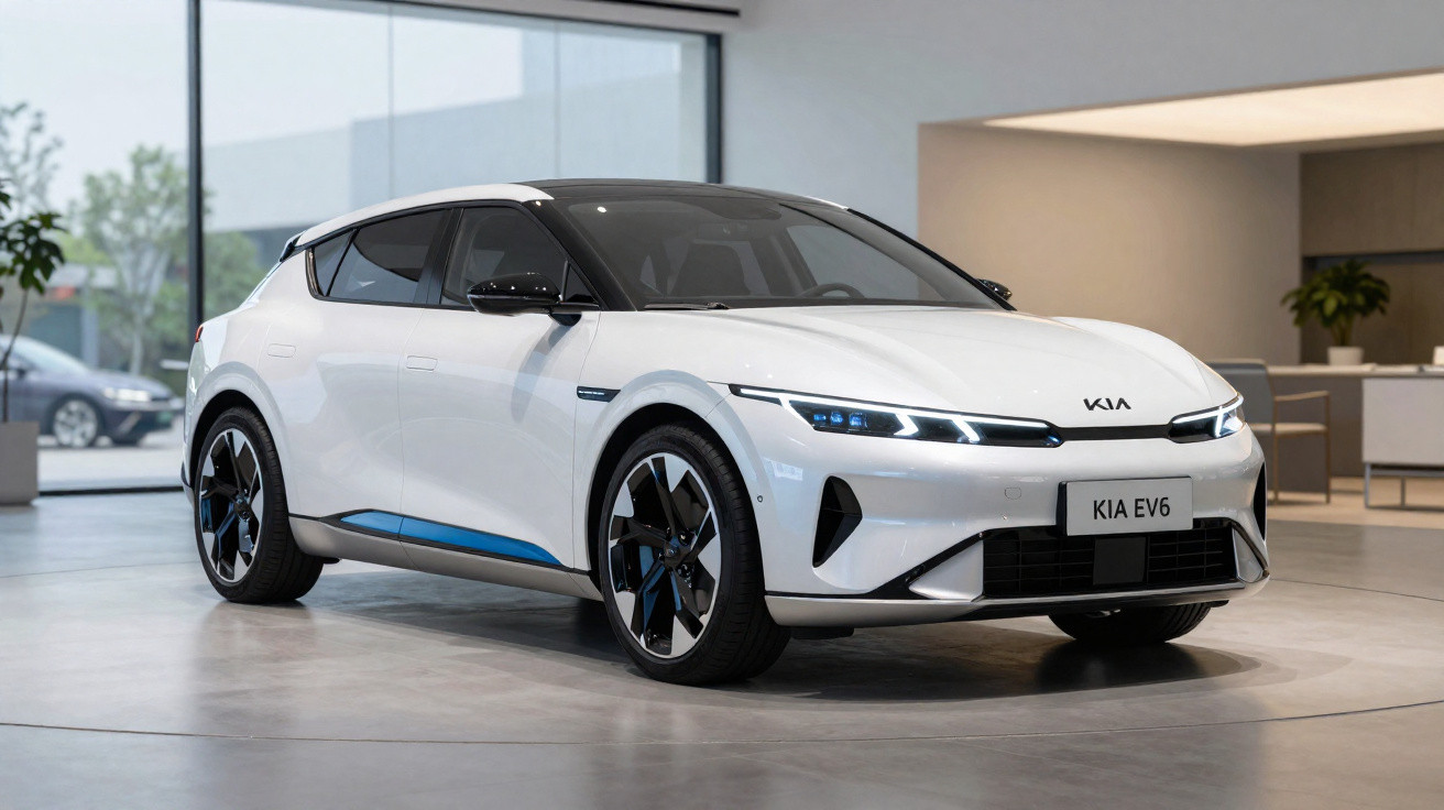 Weißer Kia EV6 Elektro-SUV in modernem Showroom mit großem Fenster und heller Einrichtung.