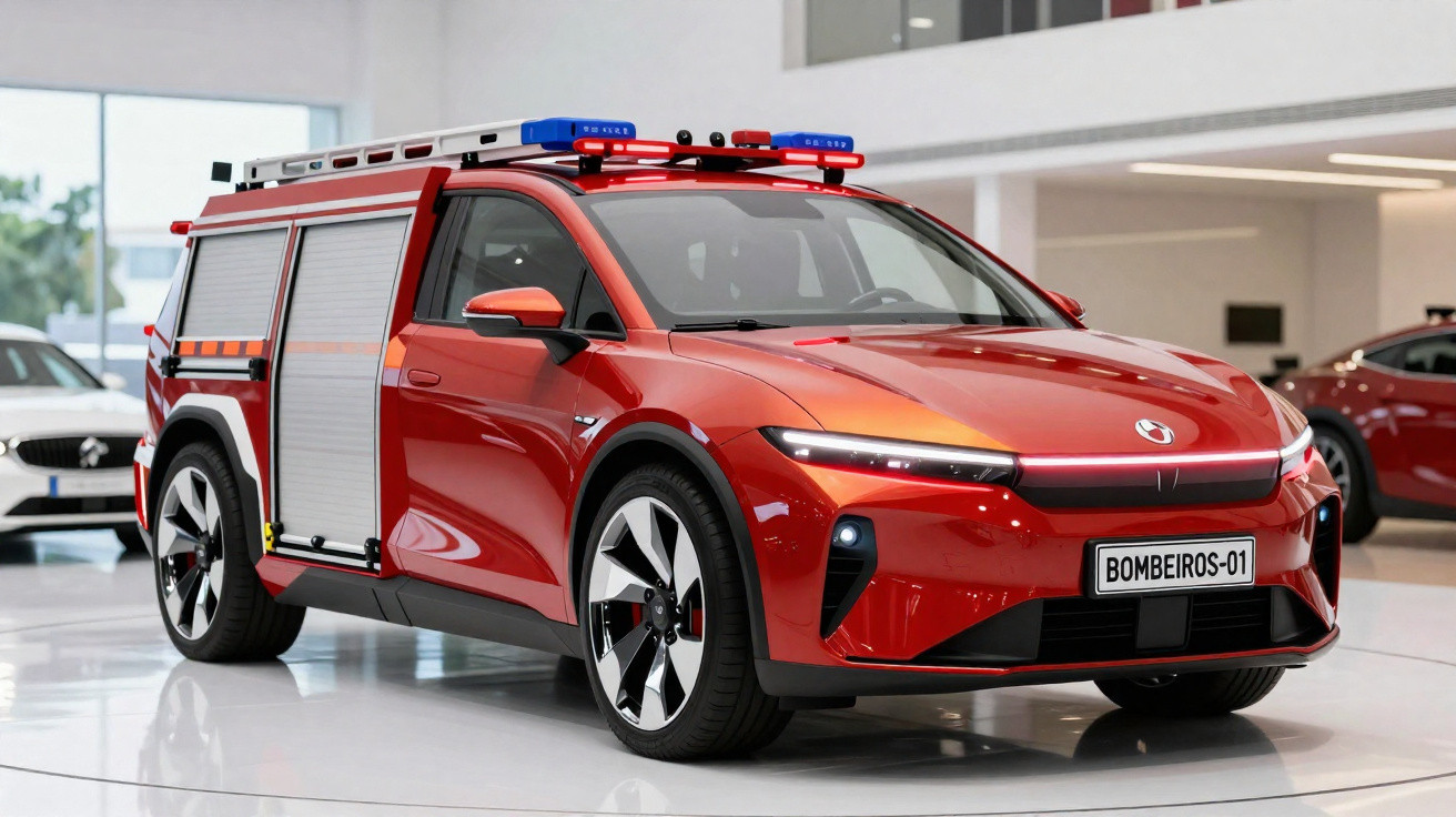 Moderner roter Elektro-Feuerwehrwagen mit Blaulicht im Innenraum eines Ausstellungsgebäudes.