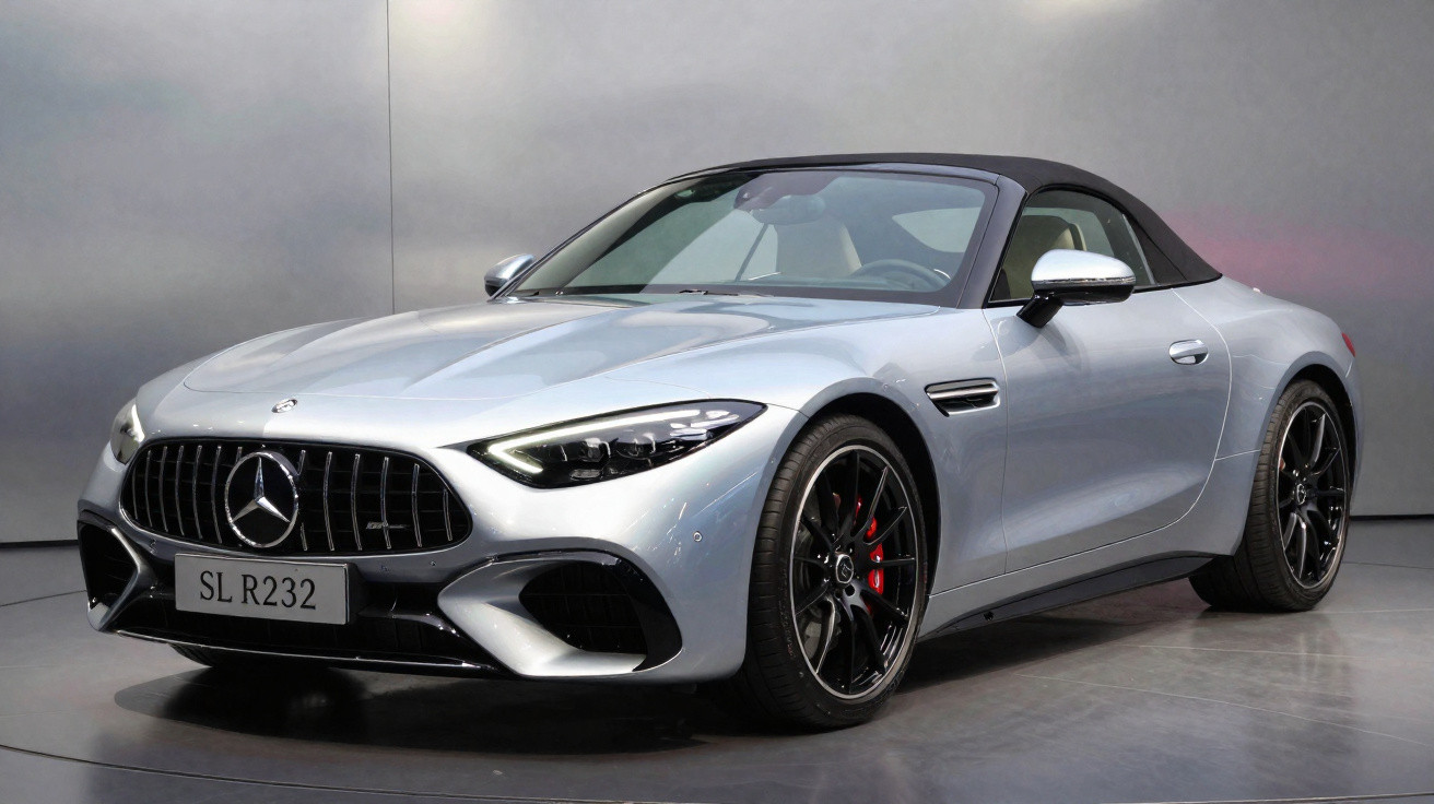 Silberner Mercedes SL R232 Sportwagen mit schwarzem Verdeck, Scheinwerfern und Alufelgen in Studioaufnahme.