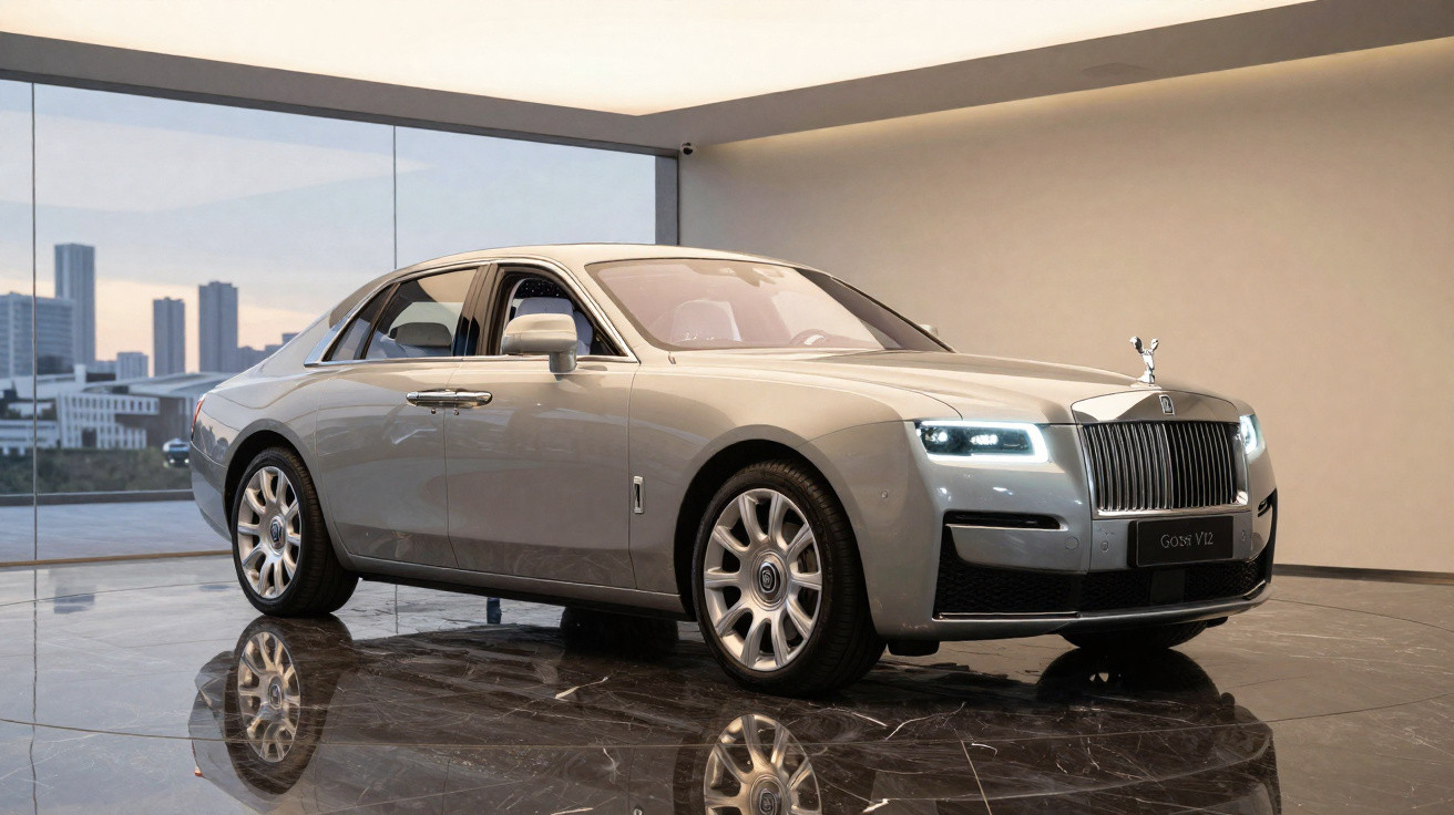 Silberner Rolls-Royce Ghost V12 in modernem Showroom auf reflektierendem Marmorboden vor Panoramafenster mit Stadtsilhouette.