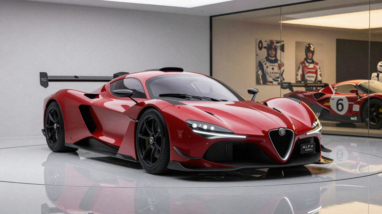 Roter Alfa Romeo Rennwagen mit großem Heckspoiler in moderner Ausstellungshalle.